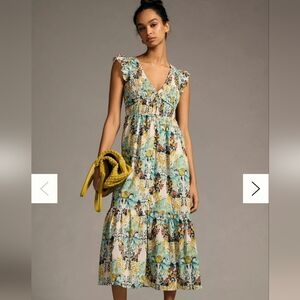 Anthropologie Yellow and Blue Floral Fall Midi Dress